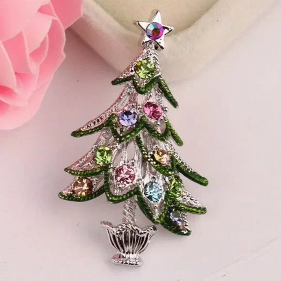 NEW Silver and Pastel Jeweled Retro MCMChristmas Tree Brooch Pin - Picture 1 of 3